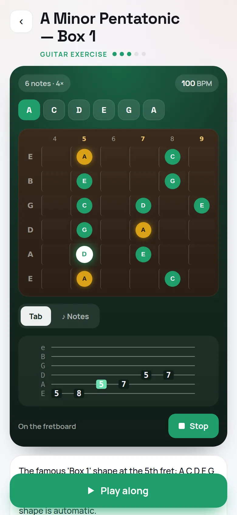 Guitar lesson: the A minor pentatonic box at the fifth fret on a fretboard, the note being previewed lit on the neck and in the tablature below