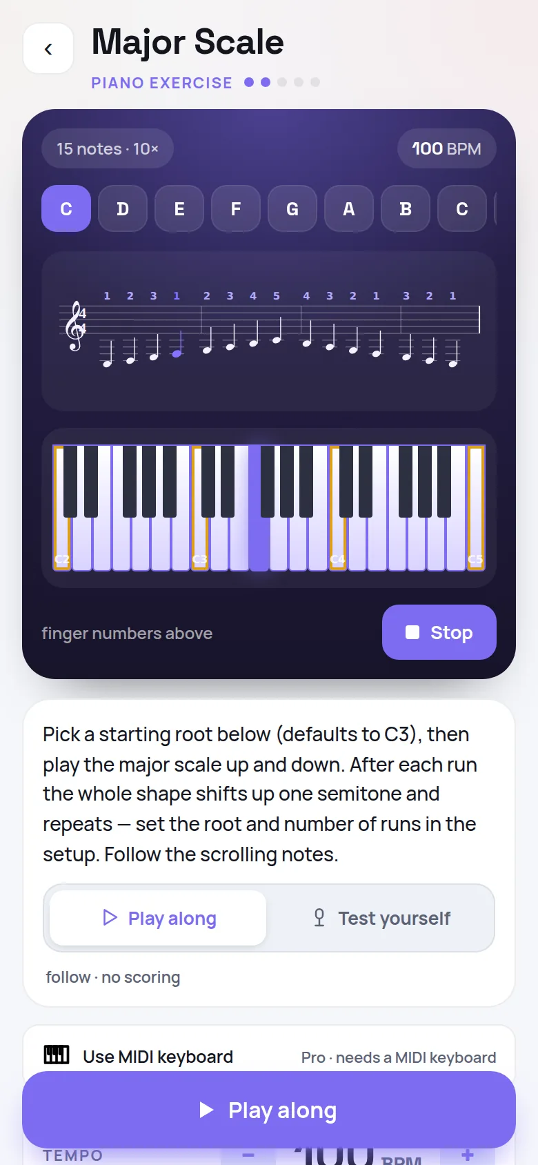 Piano lesson: a major scale written on the staff with finger numbers above each note, the note being previewed lit on the staff and on the keyboard below