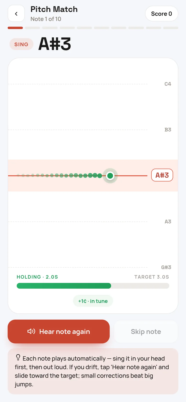 Pitch Match: a trail of dots shows the singer's pitch landing on the target note A sharp 3, labelled +1 cent, in tune, with the hold bar two seconds full